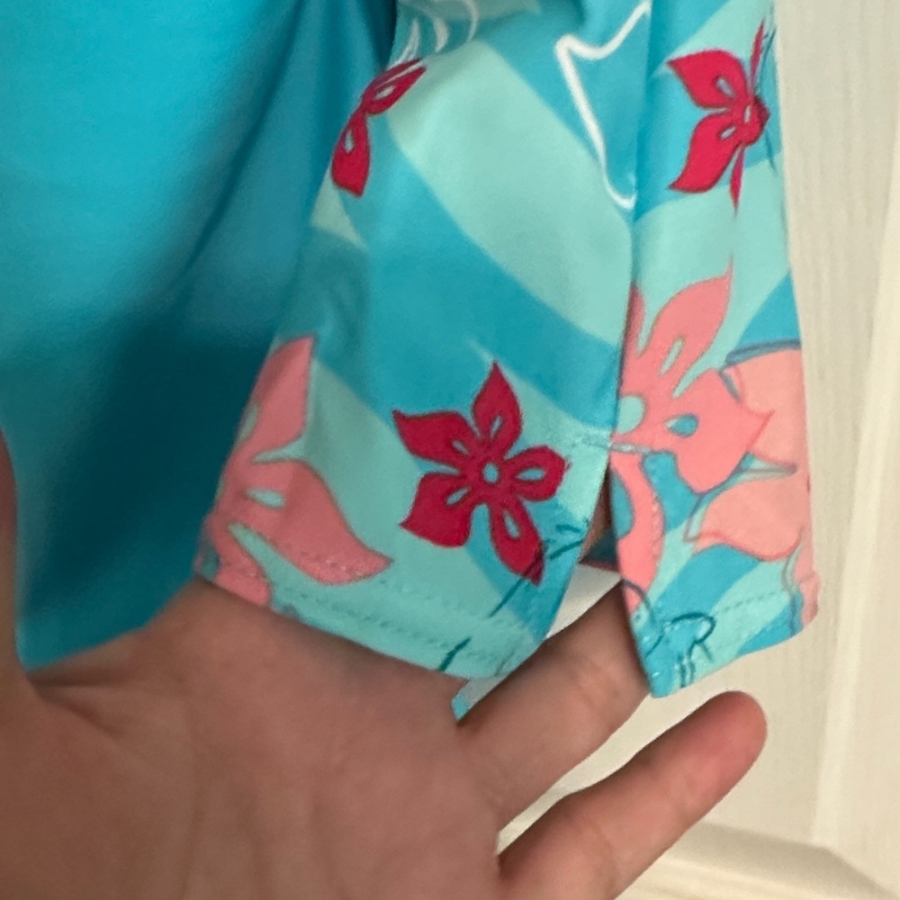 Disney Girls Turquoise Swim Top with Pink Trim and Floral Sleeves - Picture 7 of 8